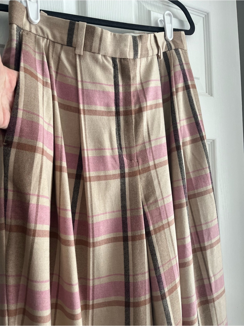 NWT COS High Rise Wide Leg Wool Blend Adjustable Waist Pink Plaid Trousers Sz 8 - Picture 2 of 16